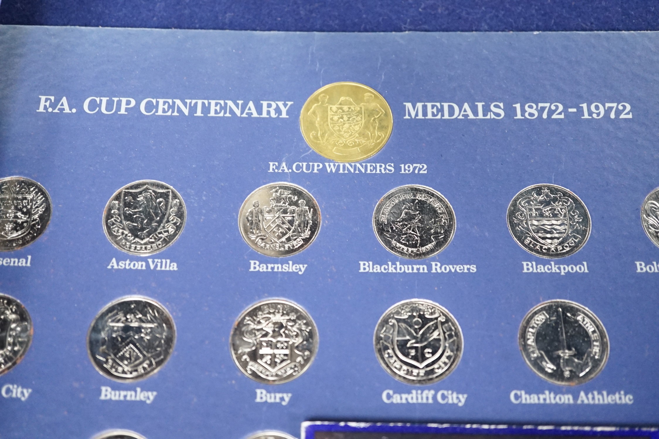Shell and Esso collector's medals and coins for 1970 World cup, man in flight and FA cup centenary 1872-1972